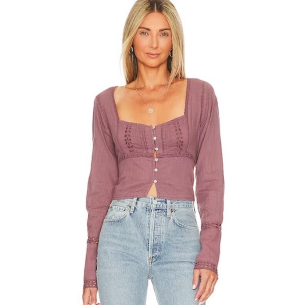 FREE‎ PEOPLE Joi Purple Cropped Button Front Top Eyelet Long Sleeve Cotton New
